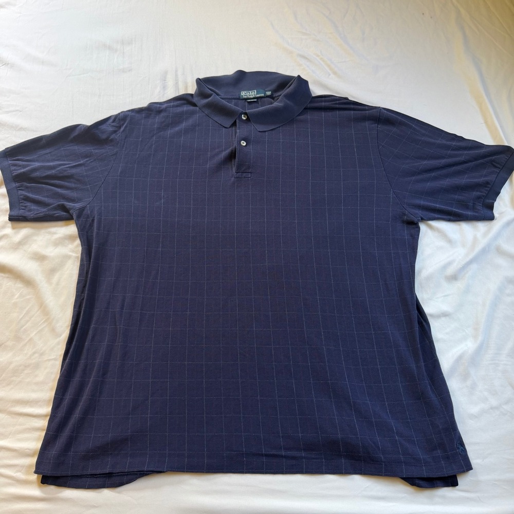 Polo Ralph Lauren Mens 2XLT Tall Navy Blue Windowpane Grid Vintage Polo Shirt